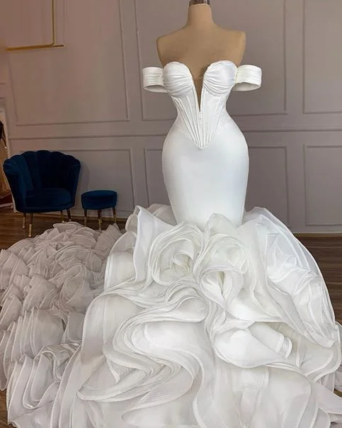 Elegant Mermaid African Women Wedding Dresses 2021 Off The Shoulder Ruffles High Quality Satin Birdal White Wedding Gowns Prom Dresses cg22289 Elegant Mermaid African Women Wedding Dresses 2021 Off The Shoulder Ruffles High Quality Satin Birdal White Wedding Gowns Prom Dresses cg22289