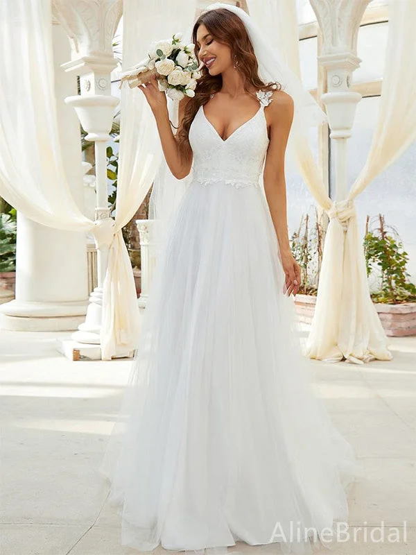 Wedding dress with bold neckline for dramatic effect -Elegant V-neck Spaghetti Strap A-line Long Wedding Dresses,WD3083 Wedding dress with bold neckline for dramatic effect -Elegant V-neck Spaghetti Strap A-line Long Wedding Dresses,WD3083