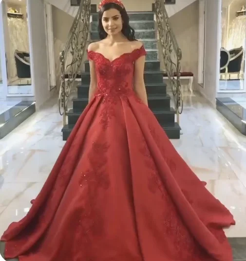 Elegant red ball gown satin wedding dresses lace off the shoulder Prom Dress cg20122 Elegant red ball gown satin wedding dresses lace off the shoulder Prom Dress cg20122