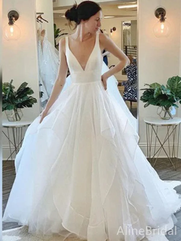 Wedding dress with lace overlay for delicate feel -Elegant V-neck A-line Long Wedding Dresses,WD3087 Wedding dress with lace overlay for delicate feel -Elegant V-neck A-line Long Wedding Dresses,WD3087