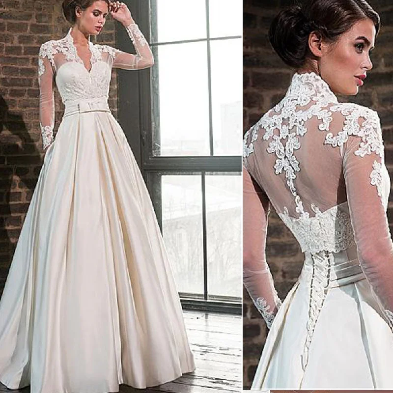 Cinessd Back to school outfit Elegant Wedding Dresses Long Sleeves Lace Satin With Pockets Wedding Gowns Bride Dress Vintage Customize Robe De Mariee Cinessd Back to school outfit Elegant Wedding Dresses Long Sleeves Lace Satin With Pockets Wedding Gowns Bride Dress Vintage Customize Robe De Mariee