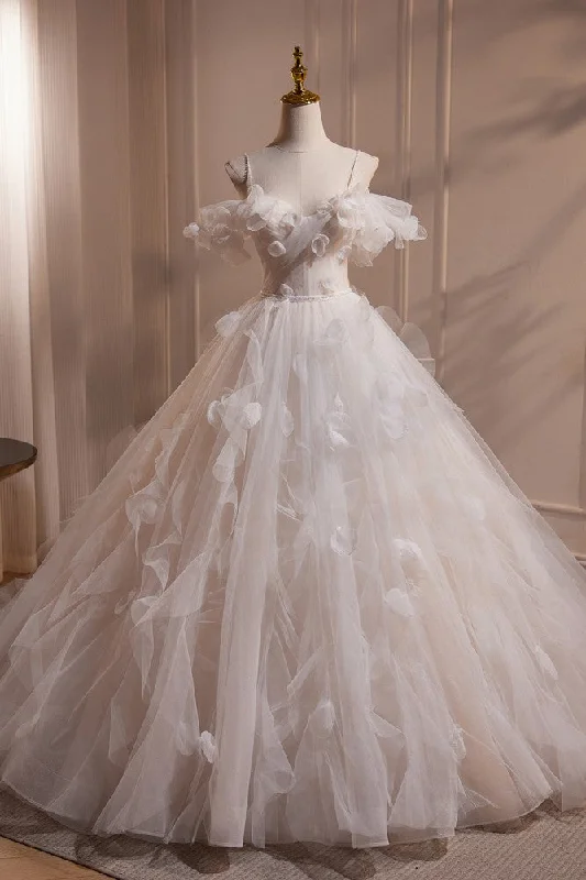Wedding dress with plunging neckline for daring style -A Line Off the Shoulder Flower Fairy Tulle Long Wedding Dress Wedding dress with plunging neckline for daring style -A Line Off the Shoulder Flower Fairy Tulle Long Wedding Dress