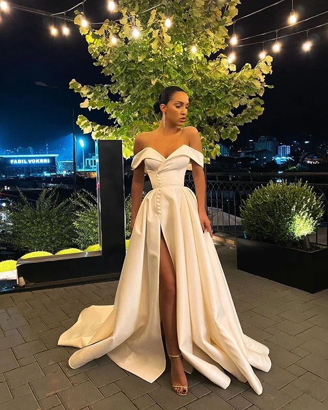 Gorgeous A Line Off the Shoulder White Long Prom/Wedding Dress with Split Front cg20938 Gorgeous A Line Off the Shoulder White Long Prom/Wedding Dress with Split Front cg20938