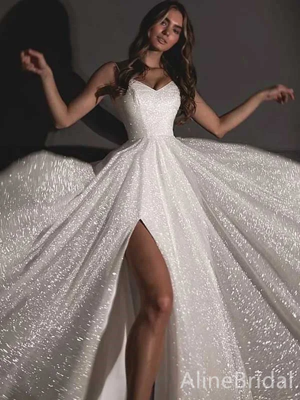 Wedding dress with lace train for romantic look -Sparkly V-neck Spaghetti Strap A-line Long Wedding Dresses,WD3062 Wedding dress with lace train for romantic look -Sparkly V-neck Spaghetti Strap A-line Long Wedding Dresses,WD3062
