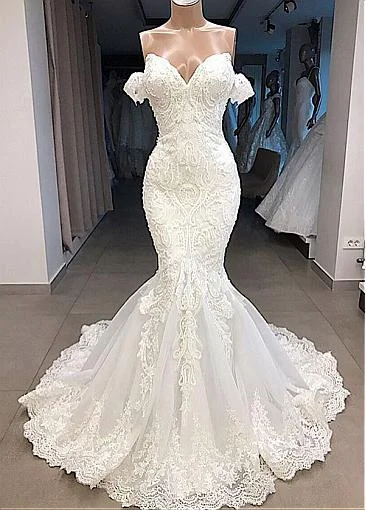 Gorgeous Tulle Off-the-shoulder Neckline Mermaid Wedding Dresses With Beaded Lace Appliques Prom Dress cg20311 Gorgeous Tulle Off-the-shoulder Neckline Mermaid Wedding Dresses With Beaded Lace Appliques Prom Dress cg20311