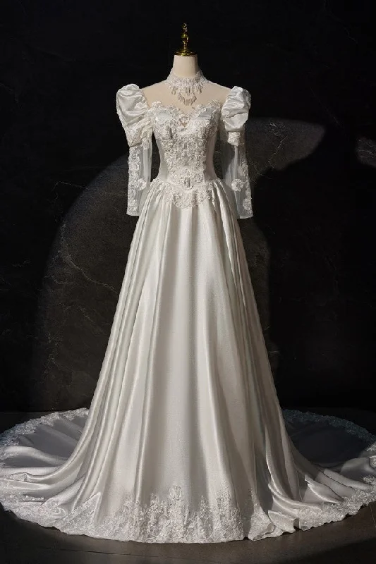 Wedding dress with dramatic pleats for structured look -Satin Gorgeous Vintage Long Sleeves Appliques Wedding Dresses