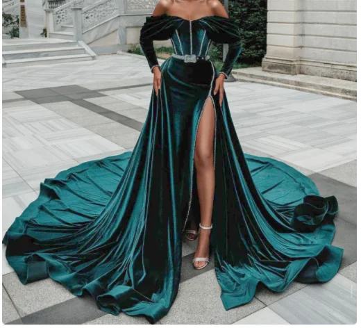 Green velvet dress, evening gowns,African prom and wedding dress,Wedding reception dress C2197 Green velvet dress, evening gowns,African prom and wedding dress,Wedding reception dress C2197