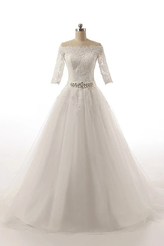 Wedding dress with bold neckline for dramatic effect -Half Sleeves Long Ball Gowns Bodice Lace Wedding Dress W3 Wedding dress with bold neckline for dramatic effect -Half Sleeves Long Ball Gowns Bodice Lace Wedding Dress W3