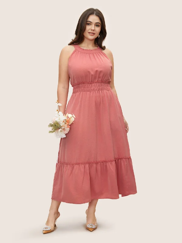 Halter Neck Shirred Frill Trim Gathered Dress