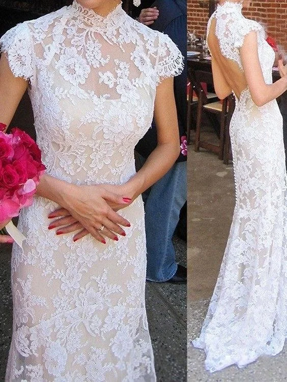 Illusion High Collar Column Lace Wedding Dress with Open Back High Neck Lace Mermaid Wedding Dresses prom dress cg14192 Illusion High Collar Column Lace Wedding Dress with Open Back High Neck Lace Mermaid Wedding Dresses prom dress cg14192