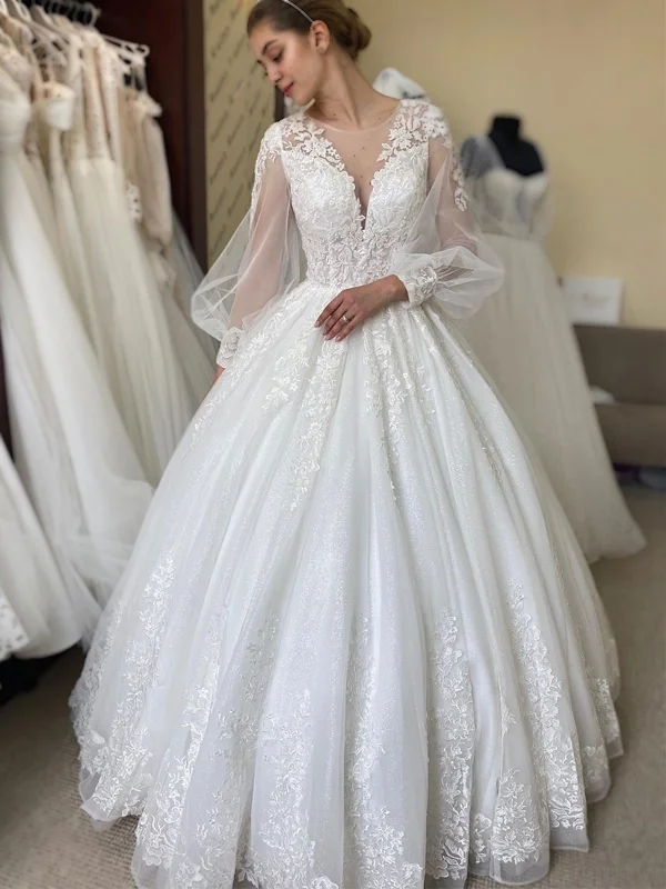 Elegant wedding dresses with train for drama -Illusion Lace Long-sleeve Tulle A-line Long Wedding Dress, WD3032 Elegant wedding dresses with train for drama -Illusion Lace Long-sleeve Tulle A-line Long Wedding Dress, WD3032