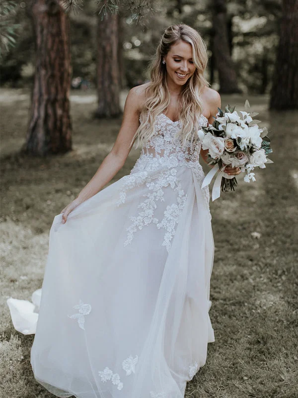 A-line wedding dress with lace overlay for feminine look -Ivory Lace Applique Tulle Sweetheart Strapless A-line Forest Wedding Dresses, AB1553 A-line wedding dress with lace overlay for feminine look -Ivory Lace Applique Tulle Sweetheart Strapless A-line Forest Wedding Dresses, AB1553