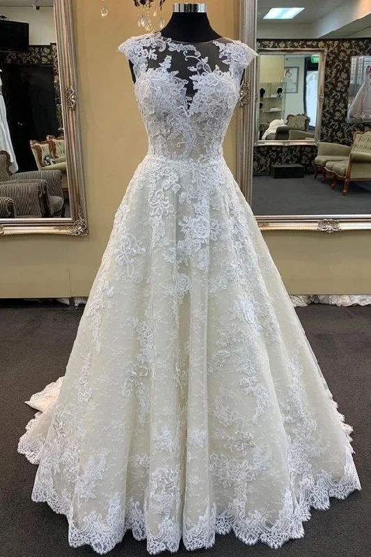 Ivory Lace Round Neck Cap Sleeve Sweep Train Custom Size Wedding Dress, Formal Prom Dress cg16331 Ivory Lace Round Neck Cap Sleeve Sweep Train Custom Size Wedding Dress, Formal Prom Dress cg16331