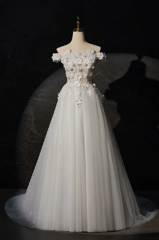 Simple wedding dress with ribbon belt for accent -Ivory Off-the-shoulder A Line Long Wedding Dress with Flower Appliques Simple wedding dress with ribbon belt for accent -Ivory Off-the-shoulder A Line Long Wedding Dress with Flower Appliques