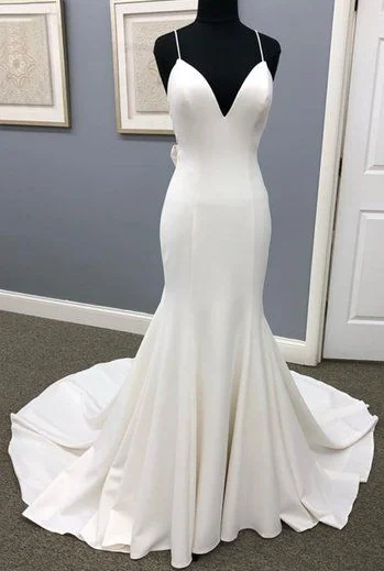 Ivory Satin Spaghetti Straps Open Back Sweet Train Wedding Dress, Formal Prom Dress cg5690 Ivory Satin Spaghetti Straps Open Back Sweet Train Wedding Dress, Formal Prom Dress cg5690