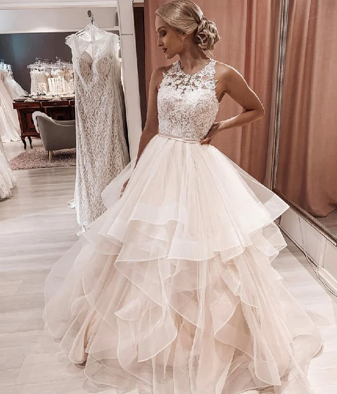 Jewel Neck Lace Tulle Modern Wedding Dresses Ball Gown with Sash Bodice Prom Dress cg22092 Jewel Neck Lace Tulle Modern Wedding Dresses Ball Gown with Sash Bodice Prom Dress cg22092