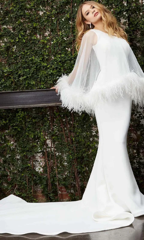 Floral wedding dress for romantic bridal look -Jovani Bridal JB07360 One Shoulder Caped Gown