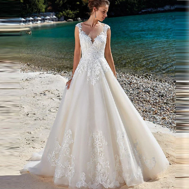 Lace Appliqued Wedding Dresses For Women 2022 Customize Made White Llusion Back Beach Vintage Bridal Gowns Vestidos De Novia Lace Appliqued Wedding Dresses For Women 2022 Customize Made White Llusion Back Beach Vintage Bridal Gowns Vestidos De Novia