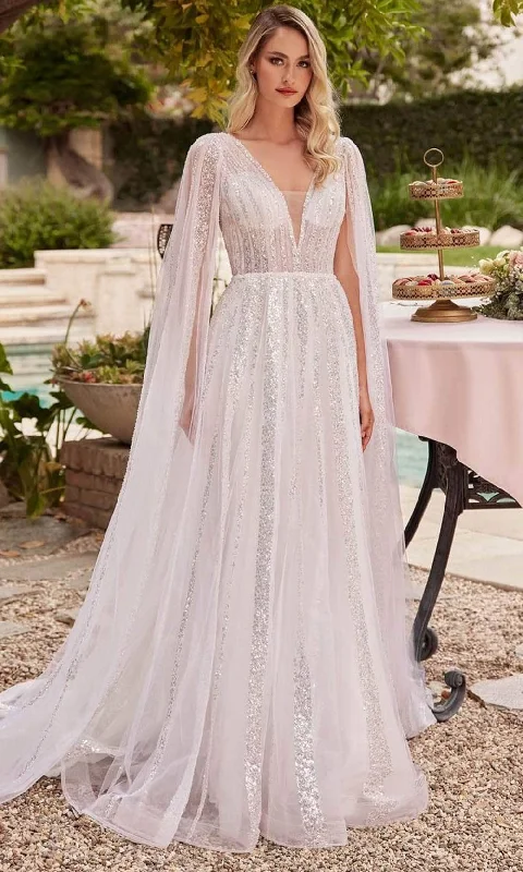 Wedding dress with chiffon sleeves for graceful effect -Ladivine CD852W - Sequin Gown Wedding dress with chiffon sleeves for graceful effect -Ladivine CD852W - Sequin Gown