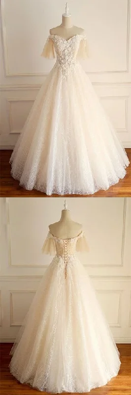 Light Champagne Tulle lace Short Sleeve Strapless Long Formal Prom Dress, Wedding Dress cg18482 Light Champagne Tulle lace Short Sleeve Strapless Long Formal Prom Dress, Wedding Dress cg18482