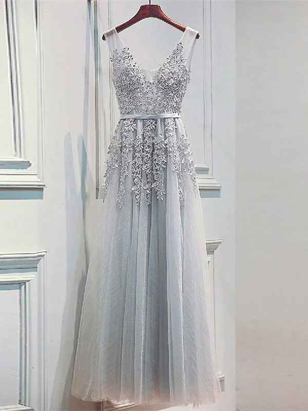 Light Sliver Grey Lace Applique V-neckline Long Party Dress, Light Grey Wedding Party Dress Light Sliver Grey Lace Applique V-neckline Long Party Dress, Light Grey Wedding Party Dress