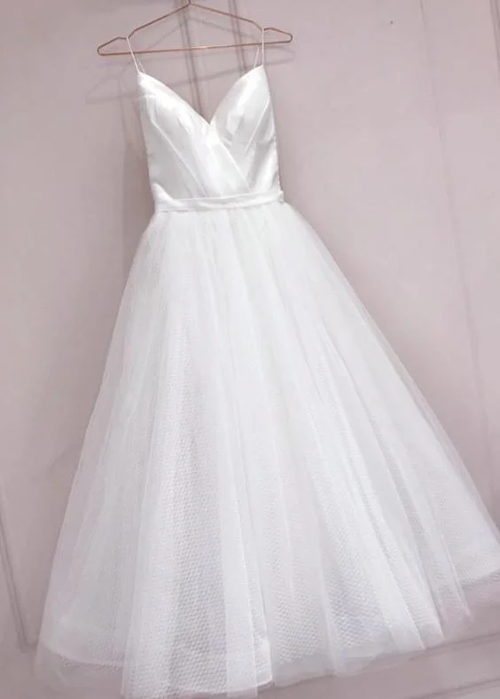 long prom dress Simple White Tulle With Satin V-Neckline Tea Length Wedding Dress, Simple White Party Dress cg14690 long prom dress Simple White Tulle With Satin V-Neckline Tea Length Wedding Dress, Simple White Party Dress cg14690