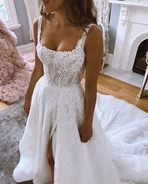 Long Prom Dresses Gorgeous Ball Gown Square Neck Split Wedding Dresses with Appliques cg18448 Long Prom Dresses Gorgeous Ball Gown Square Neck Split Wedding Dresses with Appliques cg18448