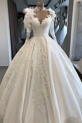Long-Sleeves Brilliant High-Neck Appliques Flowers Feather Wedding Dresses , Ball Gown C1842 Long-Sleeves Brilliant High-Neck Appliques Flowers Feather Wedding Dresses , Ball Gown C1842