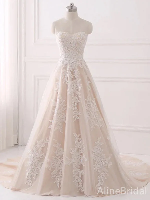 Bridal gown with satin overlay for smooth texture -Luxury Sweatheart Strapless Lace A-line Long Wedding Dresses,WD3076 Bridal gown with satin overlay for smooth texture -Luxury Sweatheart Strapless Lace A-line Long Wedding Dresses,WD3076