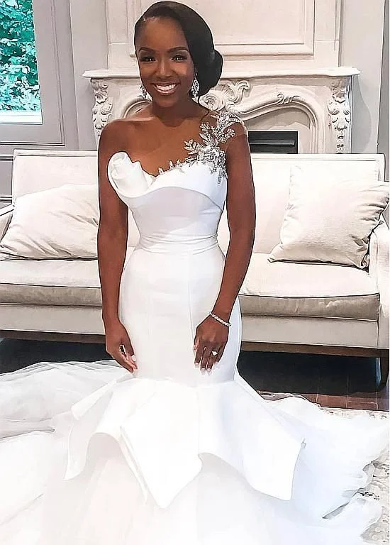 Magbridal Fantastic Tulle & Satin One Shoulder Mermaid Wedding Dresses With Beadings prom dress cg9798 Magbridal Fantastic Tulle & Satin One Shoulder Mermaid Wedding Dresses With Beadings prom dress cg9798
