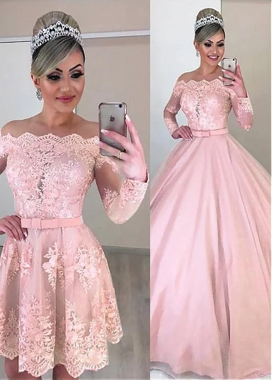 Magbridal Unique Tulle Off-the-shoulder Neckline 2 In 1 Wedding Dresses With Lace Appliques lace long prom dress evening dress cg17615 Magbridal Unique Tulle Off-the-shoulder Neckline 2 In 1 Wedding Dresses With Lace Appliques lace long prom dress evening dress cg17615