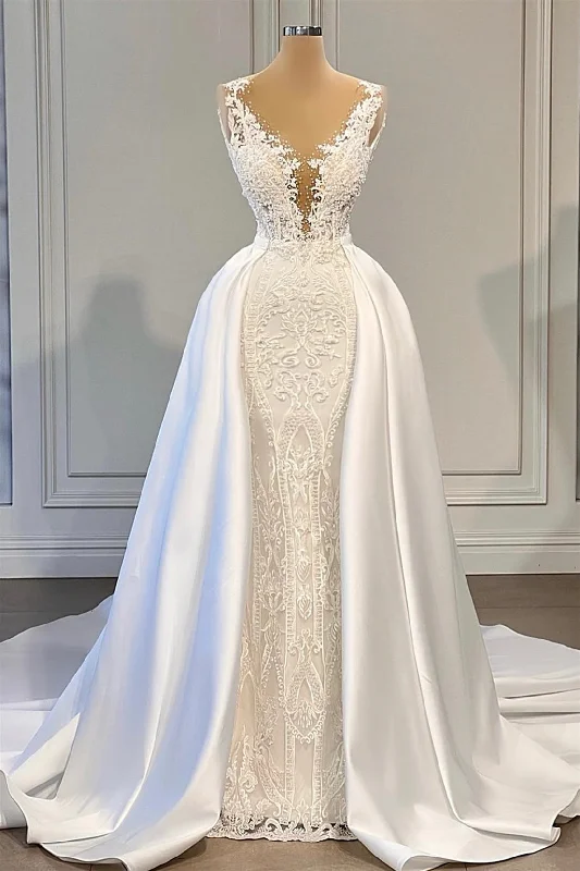Mermaid V-neck Spaghetti strap Lace Floor-length Sleeveless Applique Beaded With Side Train Wedding Dress Mermaid V-neck Spaghetti strap Lace Floor-length Sleeveless Applique Beaded With Side Train Wedding Dress
