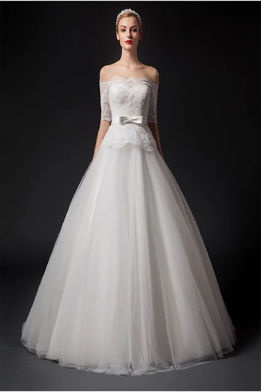 Wedding dress with high-low hemline for dramatic flair -Elegant Big Puffy Lace Wedding Dresses With Sleeves W16 Wedding dress with high-low hemline for dramatic flair -Elegant Big Puffy Lace Wedding Dresses With Sleeves W16