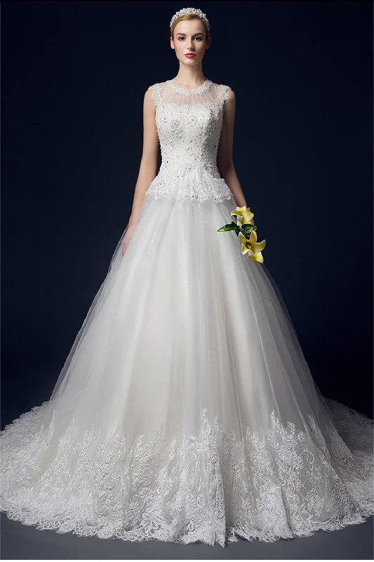 Wedding dress with off-the-shoulder ruffle details -Long Lace Custom Made Ball Gown Wedding Dresses W14 Wedding dress with off-the-shoulder ruffle details -Long Lace Custom Made Ball Gown Wedding Dresses W14