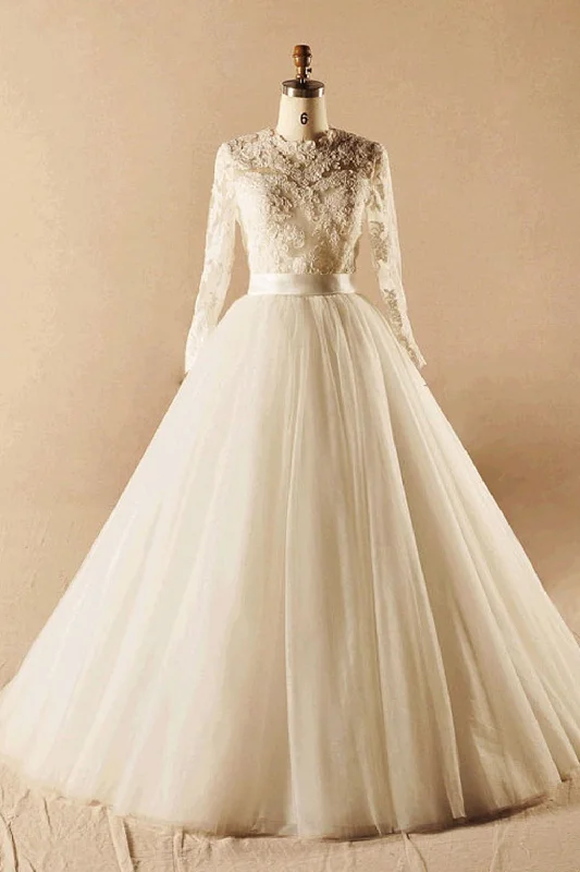 Elegant wedding dress with sheer lace skirt -Modest Long Sleeves Ball Gown Big Lace Wedding Dress W1 Elegant wedding dress with sheer lace skirt -Modest Long Sleeves Ball Gown Big Lace Wedding Dress W1