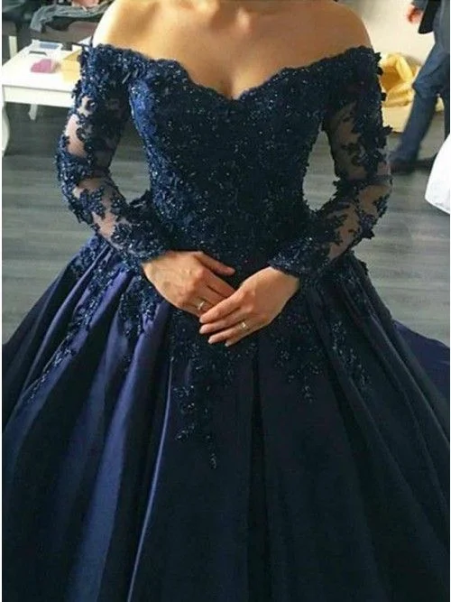 Navy Blue Lace Appliques Long Sleeves Ball Gowns Wedding Dresses Off Shoulder cg1431 Navy Blue Lace Appliques Long Sleeves Ball Gowns Wedding Dresses Off Shoulder cg1431
