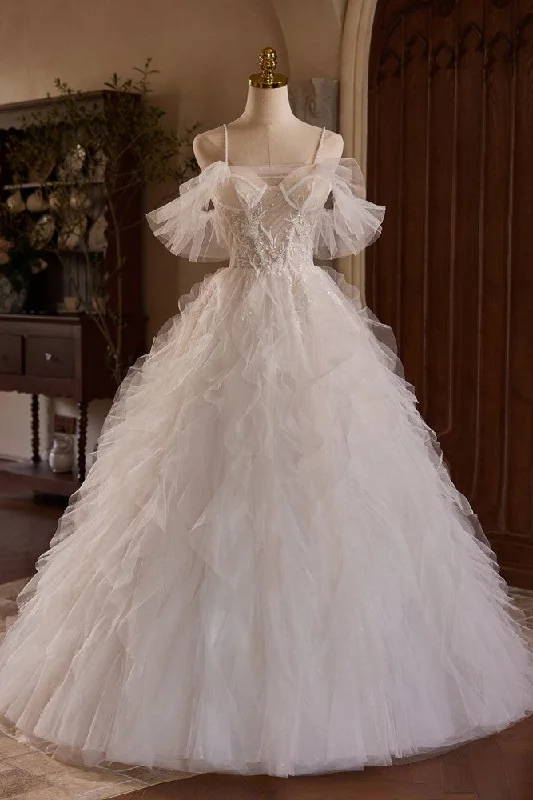 Wedding dress with flared skirt for vintage vibes -A Line Spaghetti Straps Off The Shoulder Bridal Gown Wedding dress with flared skirt for vintage vibes -A Line Spaghetti Straps Off The Shoulder Bridal Gown