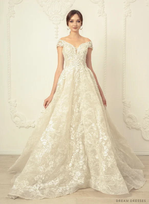 Bridal gown with lace-up back for fitted look -Off Shoulder Ball Gown Wedding Dress (#Campbell) Bridal gown with lace-up back for fitted look -Off Shoulder Ball Gown Wedding Dress (#Campbell)