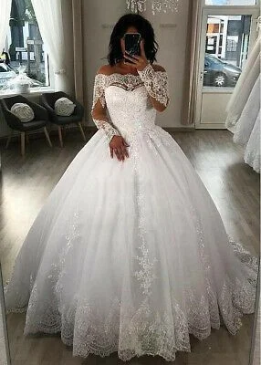 Off-the-shoulder Ball Gown Wedding Dresses Beaded Lace Appliques Long Sleeves prom dresses cg18028 Off-the-shoulder Ball Gown Wedding Dresses Beaded Lace Appliques Long Sleeves prom dresses cg18028