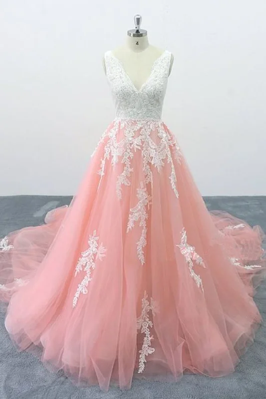 Peach Pink Tulle Cathedral Train Lace Wedding Dress, Formal Halter Prom Dress cg2222 Peach Pink Tulle Cathedral Train Lace Wedding Dress, Formal Halter Prom Dress cg2222