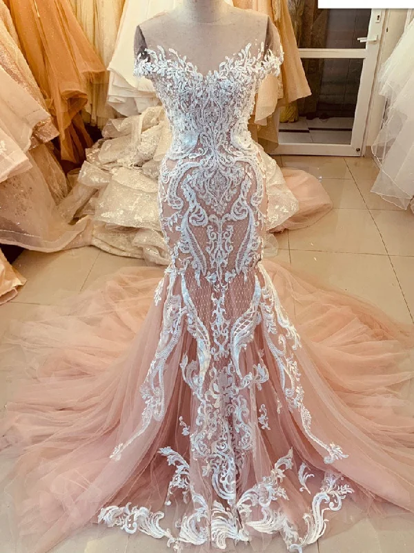 pink lace applique cap or long sleeves fishtail/mermaid wedding dress with train, Prom Gown cg20990 pink lace applique cap or long sleeves fishtail/mermaid wedding dress with train, Prom Gown cg20990