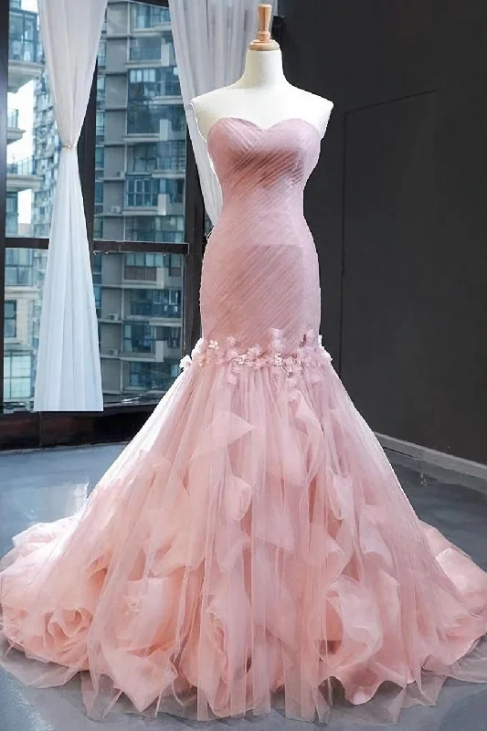 Pink Tulle Prom Dresses Sweetheart Mermaid Long Formal Dress with Ruffles,Wedding Party Dresses Pink Tulle Prom Dresses Sweetheart Mermaid Long Formal Dress with Ruffles,Wedding Party Dresses