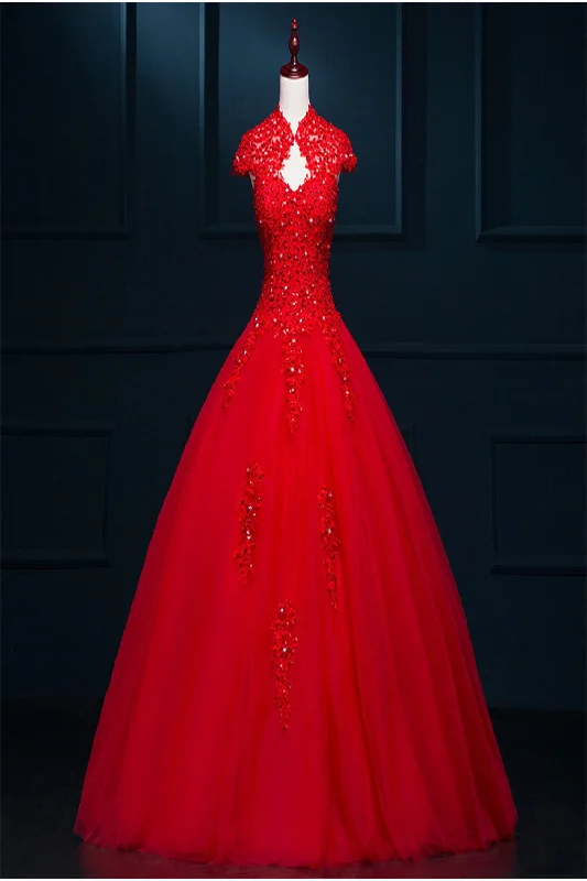 Wedding dress with sheer mesh for modern look -Red Modest Lace Long Puffy Short Sleeves Wedding Dresses W20 Wedding dress with sheer mesh for modern look -Red Modest Lace Long Puffy Short Sleeves Wedding Dresses W20