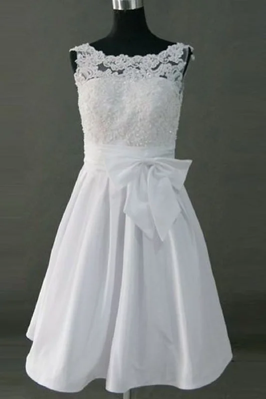 Wedding dress with chiffon detailing for soft elegance -Pretty Simple Cheap Short Lace Wedding Dress With Bow Belt W5 Wedding dress with chiffon detailing for soft elegance -Pretty Simple Cheap Short Lace Wedding Dress With Bow Belt W5
