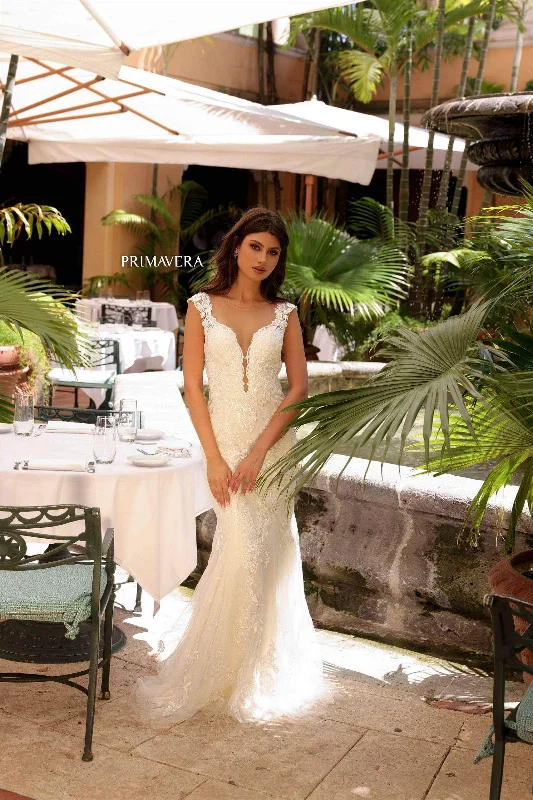 Bohemian wedding dress with long flowing skirt -Primavera Bridal 11133 - Plunging Neck Lace Applique Dress