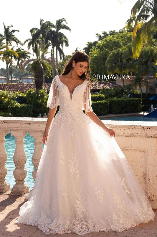 Wedding dress with layered skirt for texture -Primavera Bridal 11134 - Flutter Sleeve Plunging Neck Dress Wedding dress with layered skirt for texture -Primavera Bridal 11134 - Flutter Sleeve Plunging Neck Dress