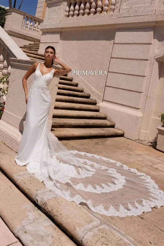 Bridal wedding dress with embroidered accents -Primavera Bridal 11139 - V-Neck Open Back Dress Bridal wedding dress with embroidered accents -Primavera Bridal 11139 - V-Neck Open Back Dress