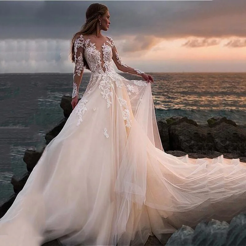 Princess Wedding Dress 2021 Illusion Long Sleeves Sheer Backless Lace Ball Gown Wedding Gowns Boho Bridal Robe De Mariage Princess Wedding Dress 2021 Illusion Long Sleeves Sheer Backless Lace Ball Gown Wedding Gowns Boho Bridal Robe De Mariage