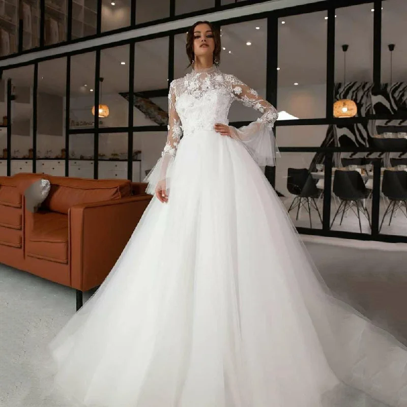 Princess Wedding Dress A-Line High neck Bride Dresses With 3D Flowers Long Sleeves Bridal For Women Custom Made Robe De Mariee Princess Wedding Dress A-Line High neck Bride Dresses With 3D Flowers Long Sleeves Bridal For Women Custom Made Robe De Mariee