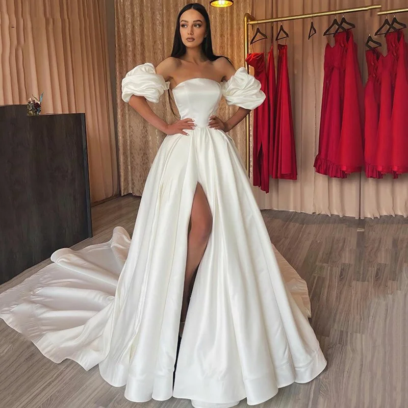Princess Wedding Dress With Detachable Lantern Sleeve Strapless Bride Dresses Side Split Long Bride Gown Robe De Mariee Summer Princess Wedding Dress With Detachable Lantern Sleeve Strapless Bride Dresses Side Split Long Bride Gown Robe De Mariee Summer